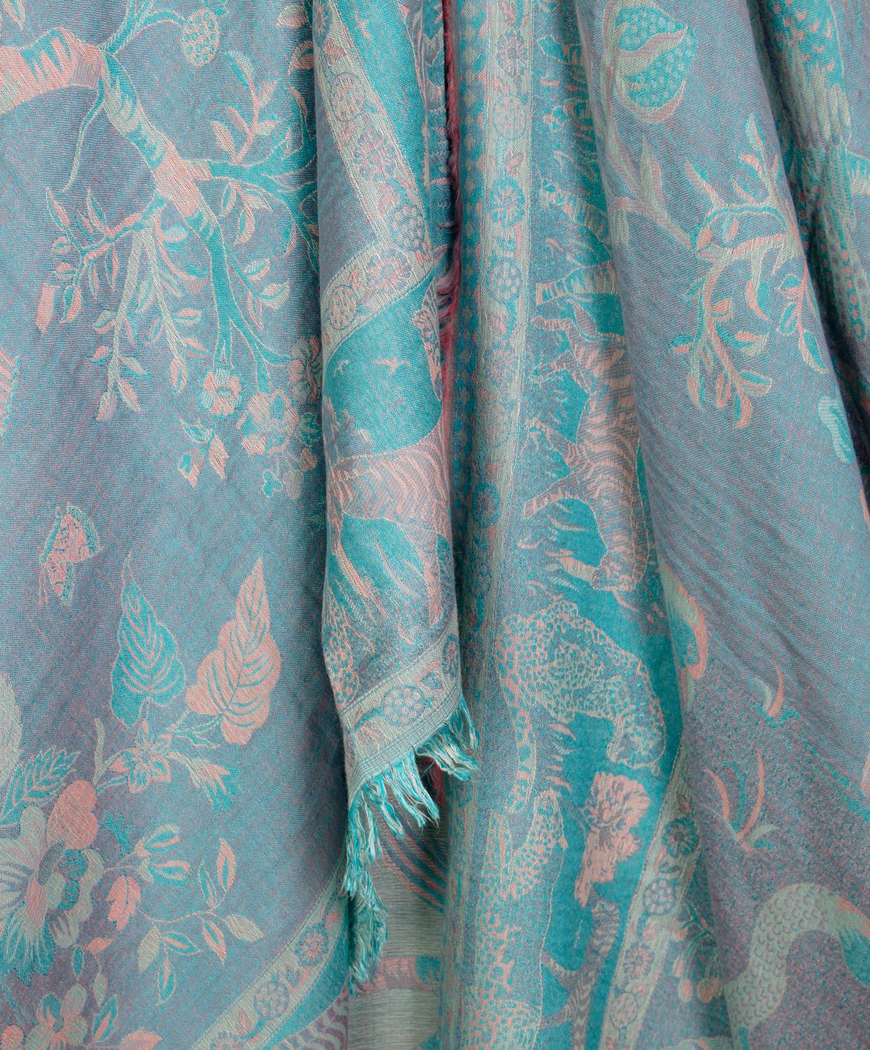 Anglo Raj Aqua, Coral & Pink Rose Handloomed Tree of Immortality Pashmina or Bed Coverlet For Sale