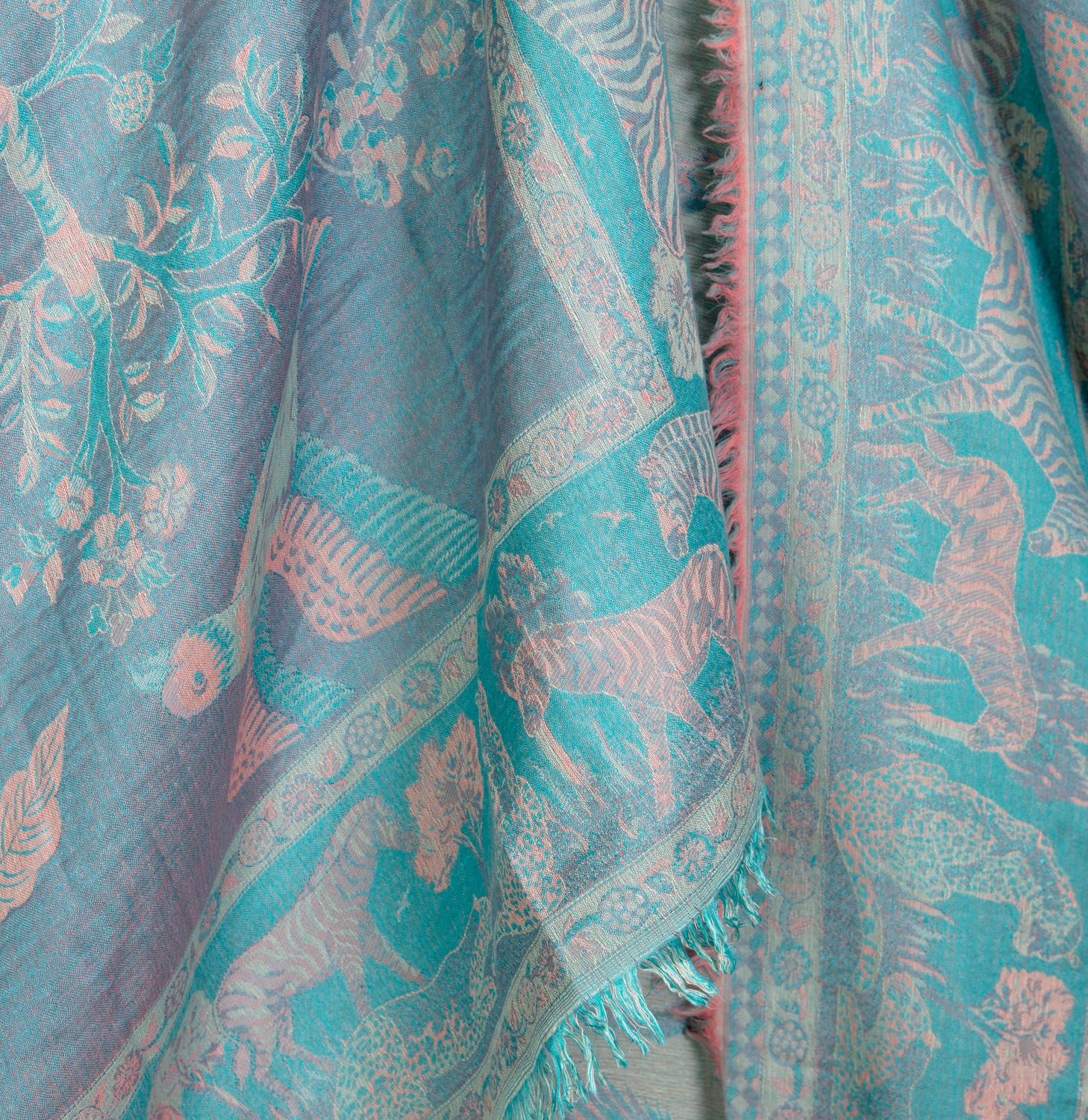 Indian Aqua, Coral & Pink Rose Handloomed Tree of Immortality Pashmina or Bed Coverlet For Sale