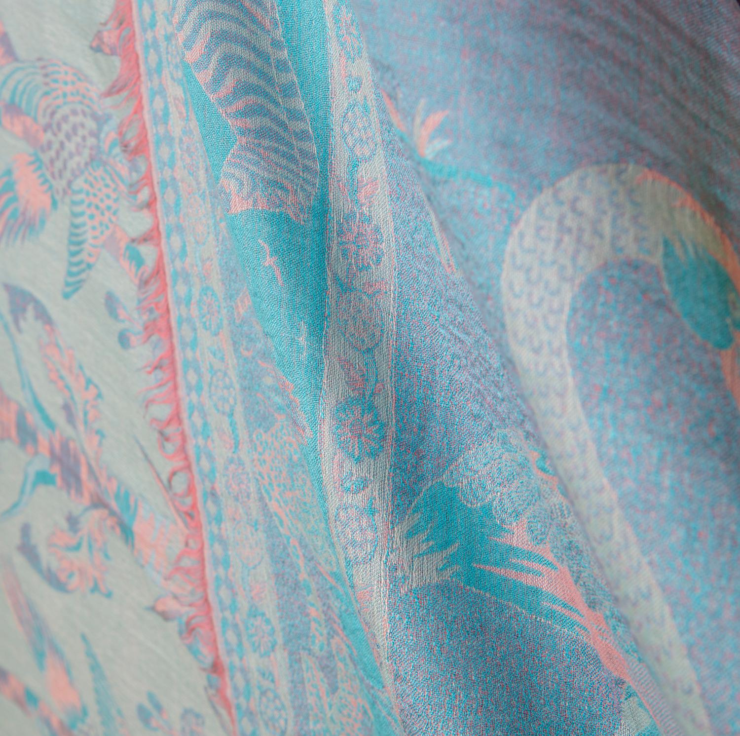 Woven Aqua, Coral & Pink Rose Handloomed Tree of Immortality Pashmina or Bed Coverlet For Sale