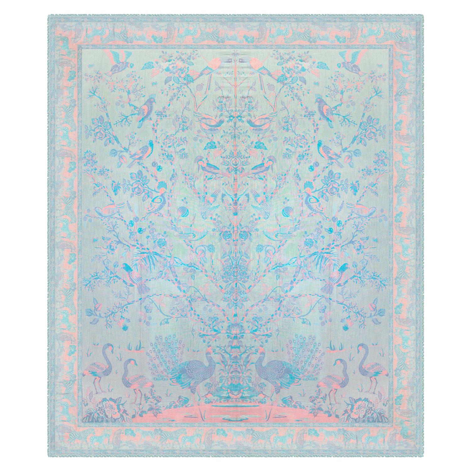 Aqua, Coral & Pink Rose Handloomed Tree of Immortality Pashmina or Bed Coverlet For Sale