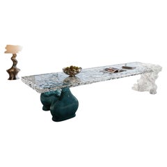 Aqua Crystal Dining Table - Luxury Rippled Glass Statement Table Sculptural Base