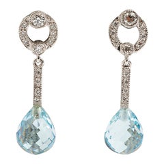 Aqua Diamond Briolette Drop Earrings, 18K White Gold