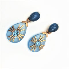 Aqua drop clip-on earring  "Made in Italy" Crystal with gold plated 1980s