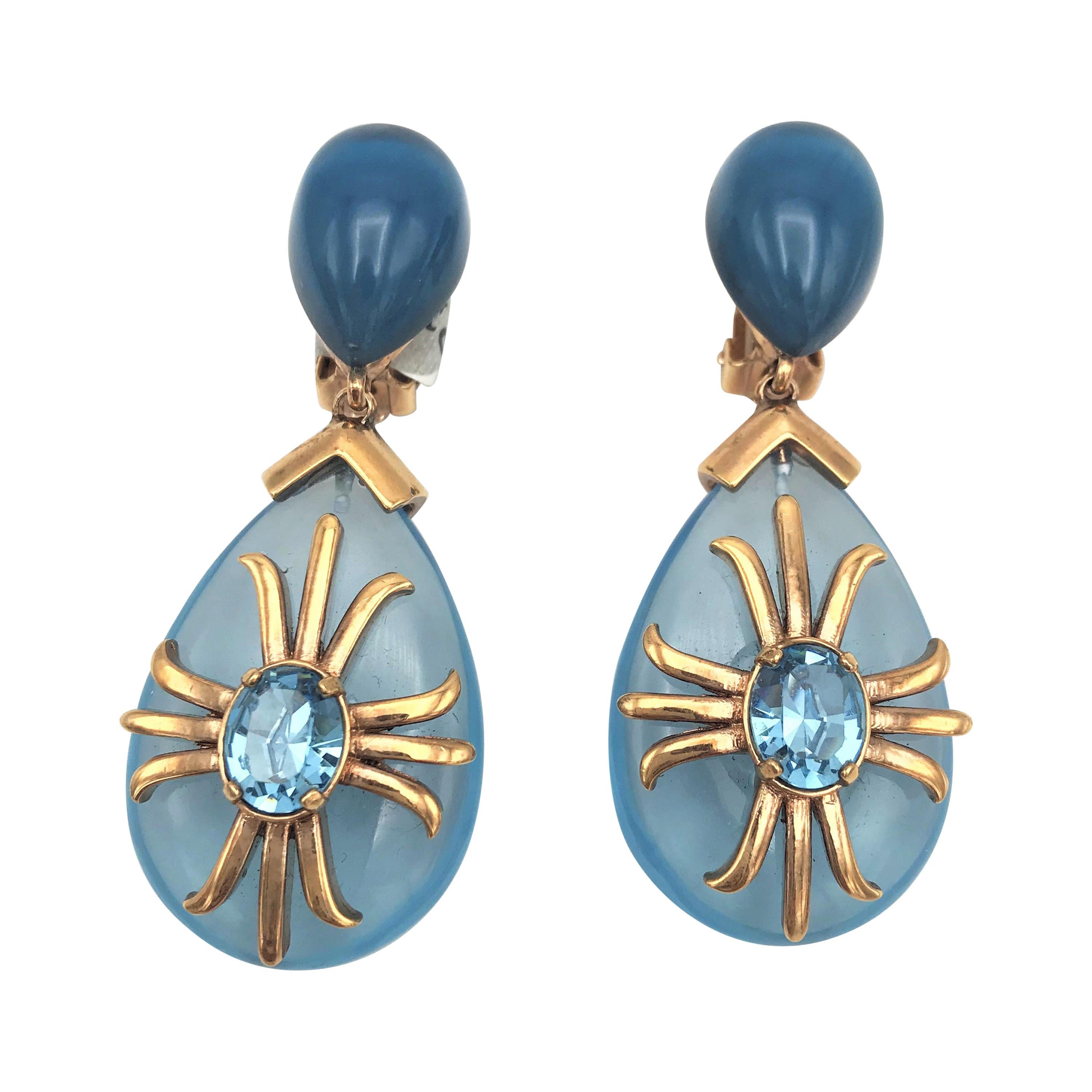 Aqua drop clip-on earring  "Made in Italy" Crystal with gold plated 1980s For Sale
