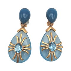 Retro Aqua drop clip-on earring  "Made in Italy" Crystal with gold plated 1980s