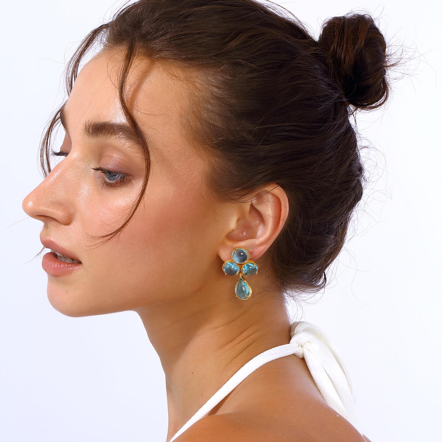 Cabochon Aqua Earrings - Aquamarine Blue For Sale