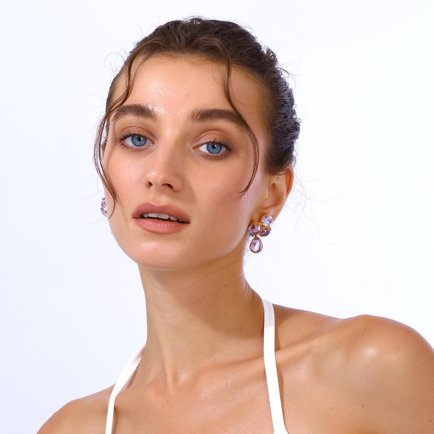 Cabochon Aqua Earrings - Light Amethyst For Sale