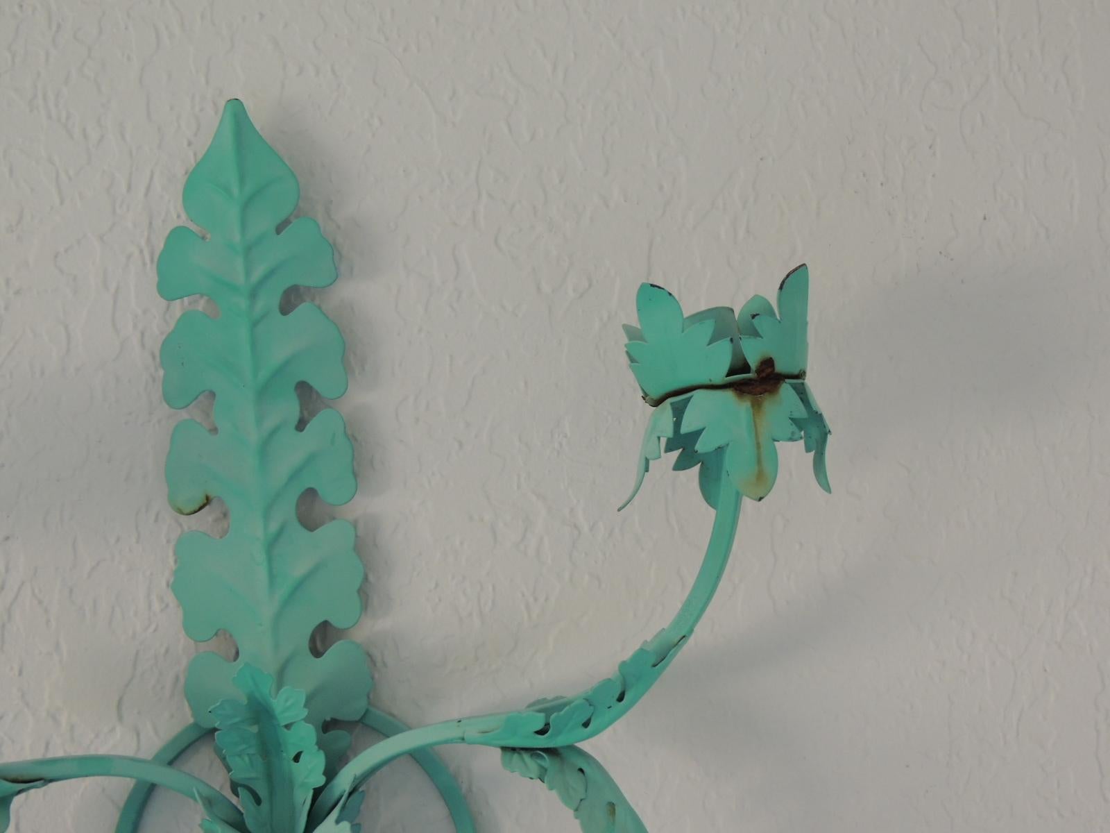 Aqua green large wall candle aconce.
Two candle light holder with Acanthus leaves.
Painted metal wall sconce.
Found in New Orleans.
Hanging hook in the back.
Size: 27.5