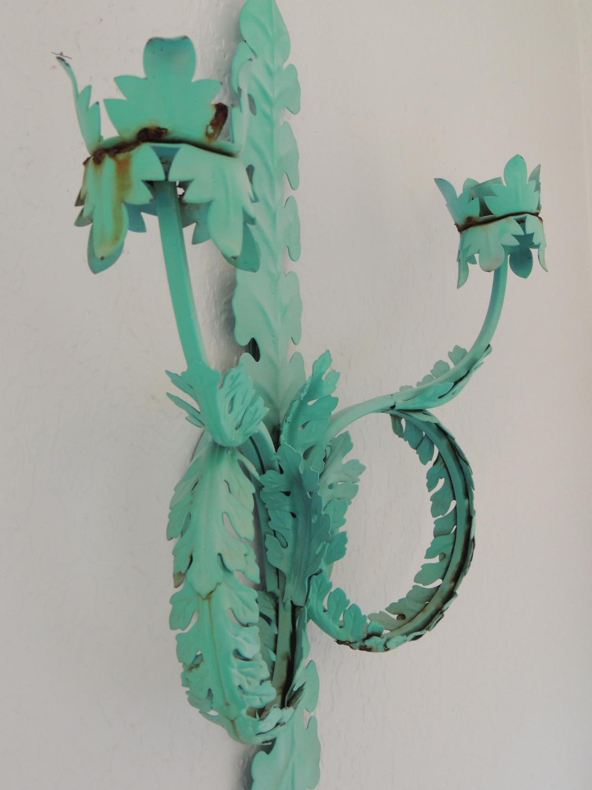 Hand-Crafted Aqua Green Large Wall Candle Sconce