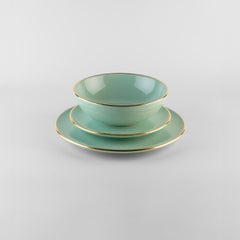 Aqua green plates gold rim: Soup, holder, side plate for 4 Handmade Italy 2024