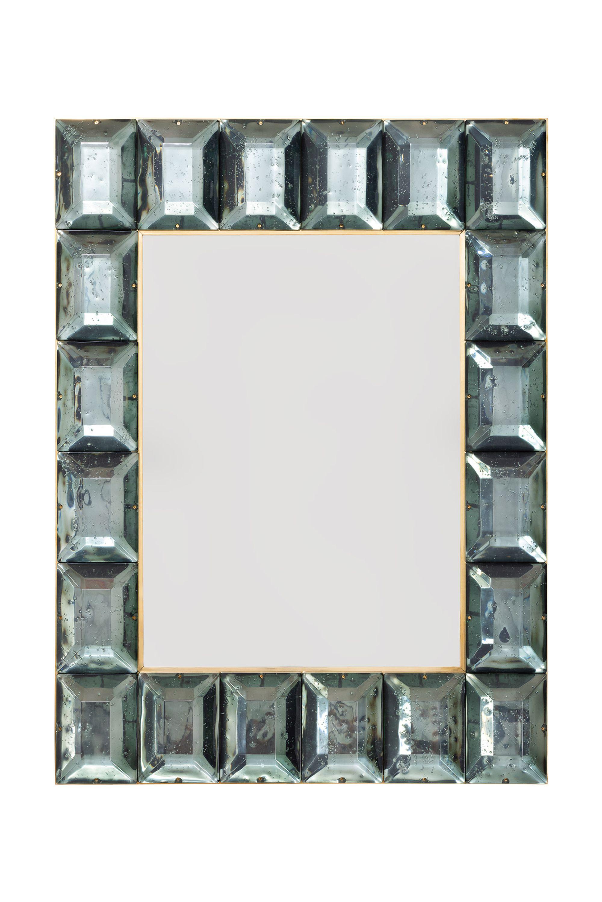 Aqua Green Rectangular Faceted Murano Glass & Brass Wall Mirror Italy Contempory