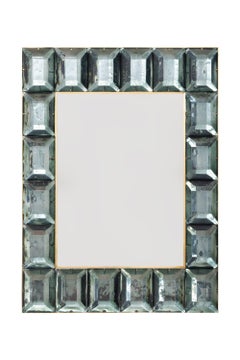 Aqua Green Rectangular Faceted Murano Glass & Brass Wall Mirror Italy Contempory