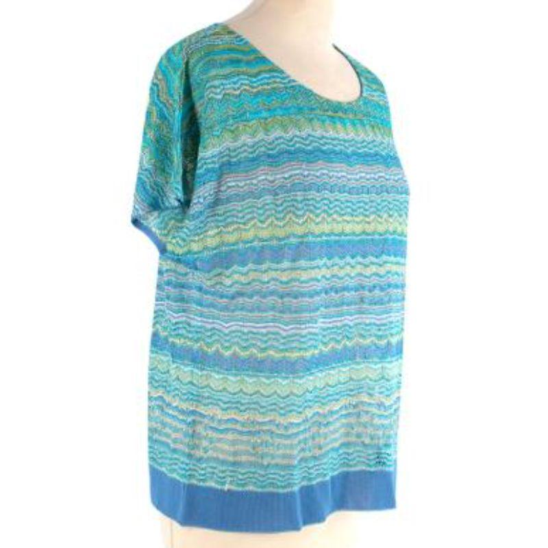 Missoni Aqua & green striped knitted top
 
 - Lightweight, fine knit in tones of aqua green and blue with a horizontal stripe
 - Scoop neck, short sleeve
 - Relaxed fit 
 
 Made in Italy
 Professionally dry clean - steam only
 
 Condition 9.5/10
 
