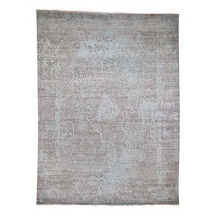 Aqua Hand Knotted Wool and Silk Broken Persian Design Oriental Rug