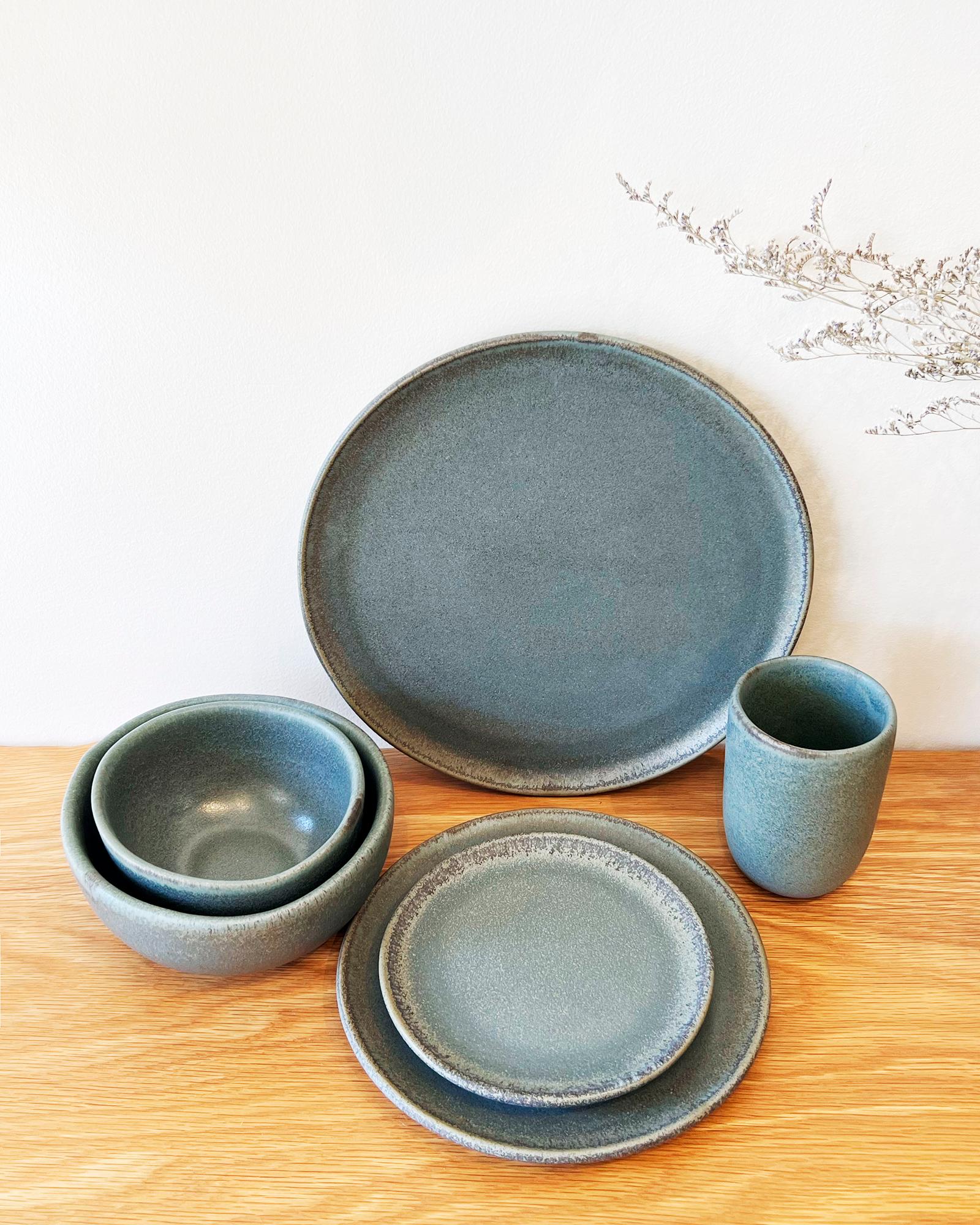 Ceramic Aqua Handmade Organic Modern Dinner Plates, Set of 4 For Sale