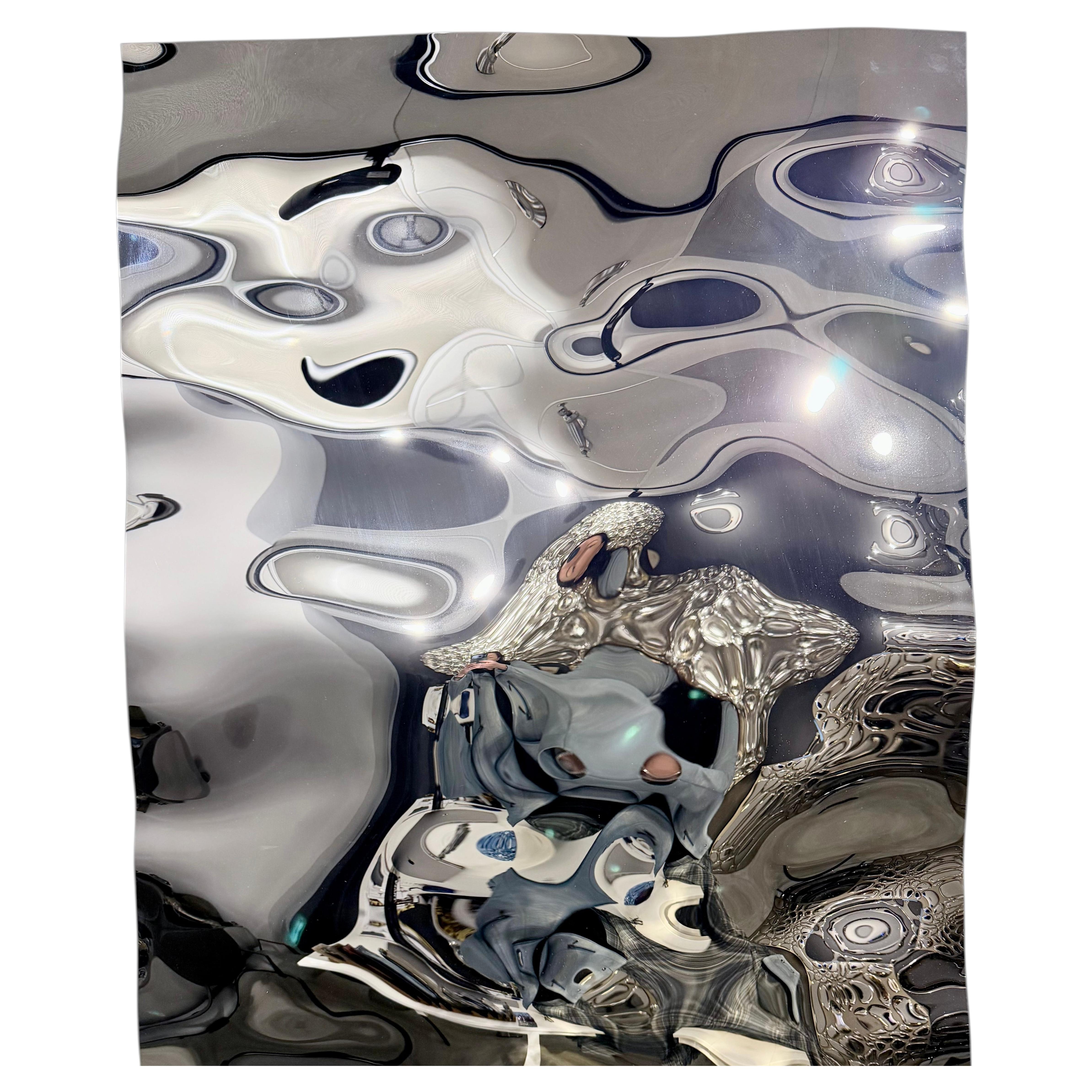 Aqua High Wave Silver Glass Wall Sculpture, Modern Hand-Crafted Art For Sale