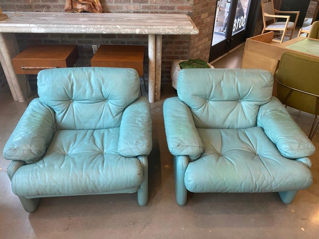 Italian Aqua Leather Lounge Chairs by Scarpa for B&B Italia, 1970's