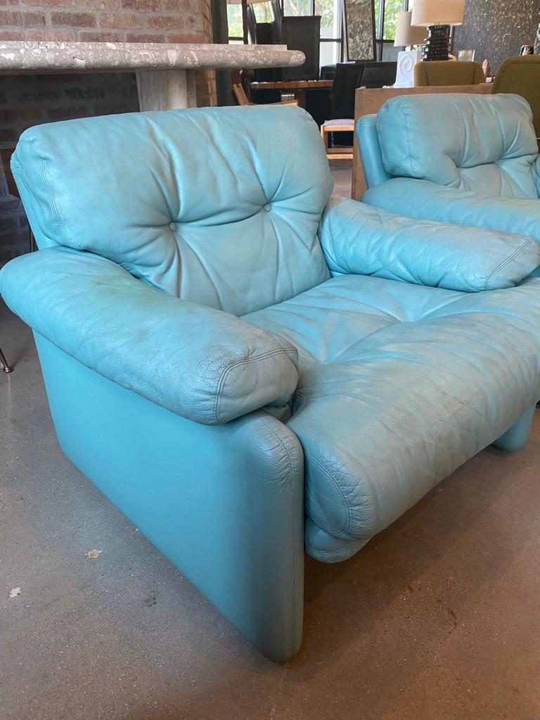 Aqua Leather Lounge Chairs by Scarpa for B&B Italia, 1970's In Good Condition In Austin, TX