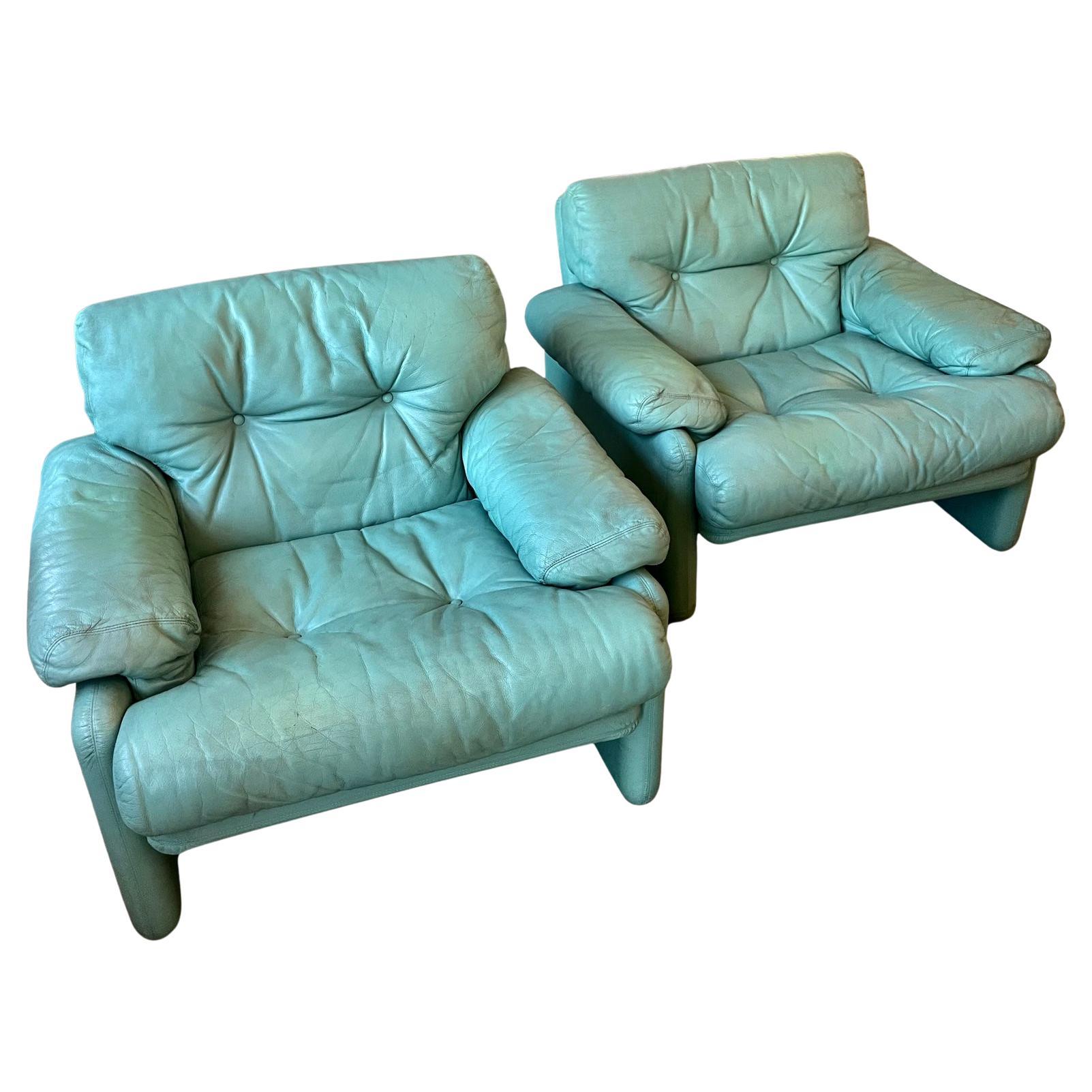Aqua Leather Lounge Chairs by Scarpa for B&B Italia, 1970's