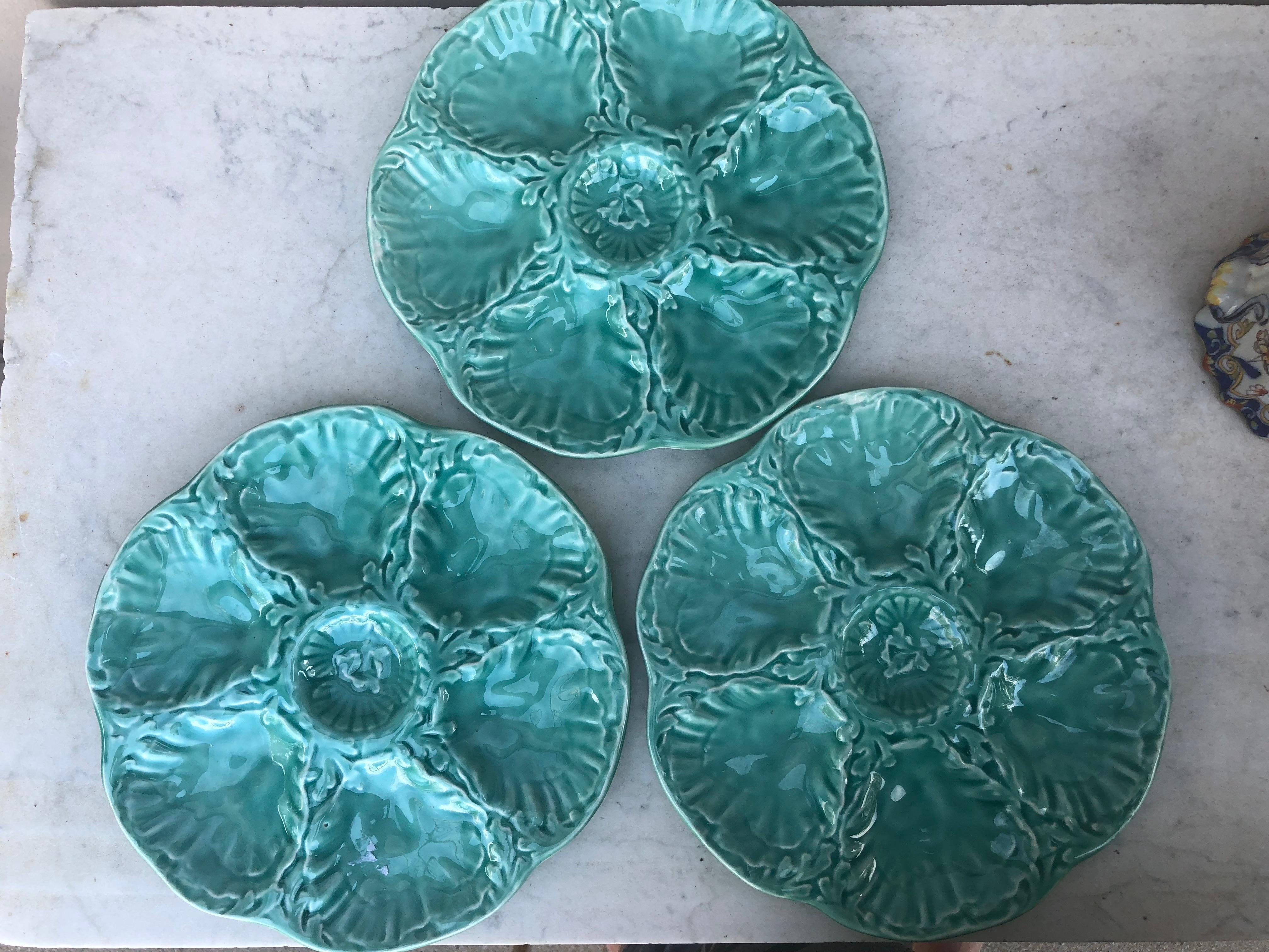 Aqua Majolica Oyster Plate Gien, circa 1950 at 1stDibs