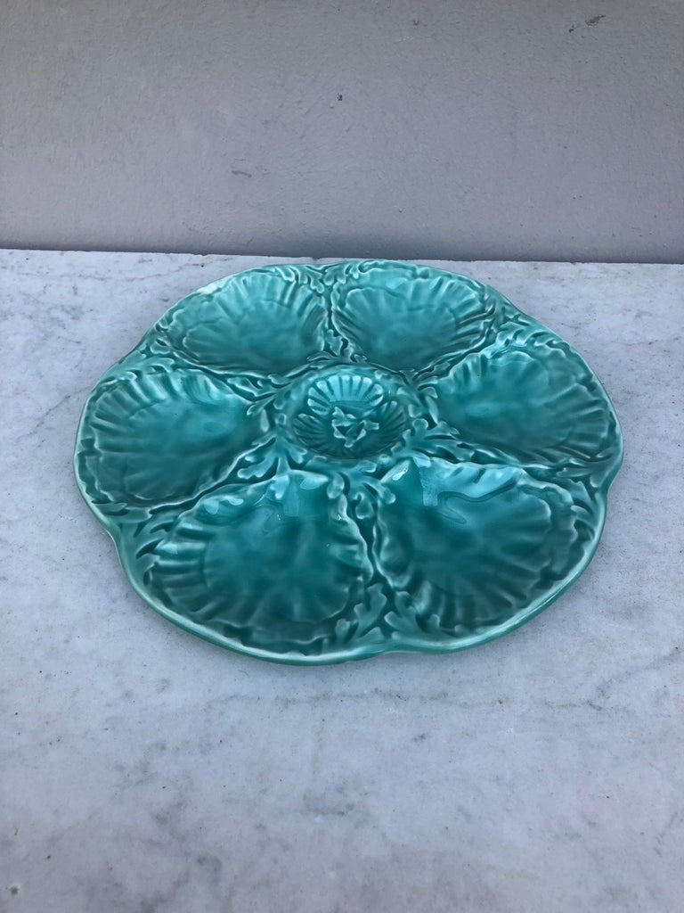 Aqua Majolica Oyster Plate Gien, circa 1950 at 1stDibs