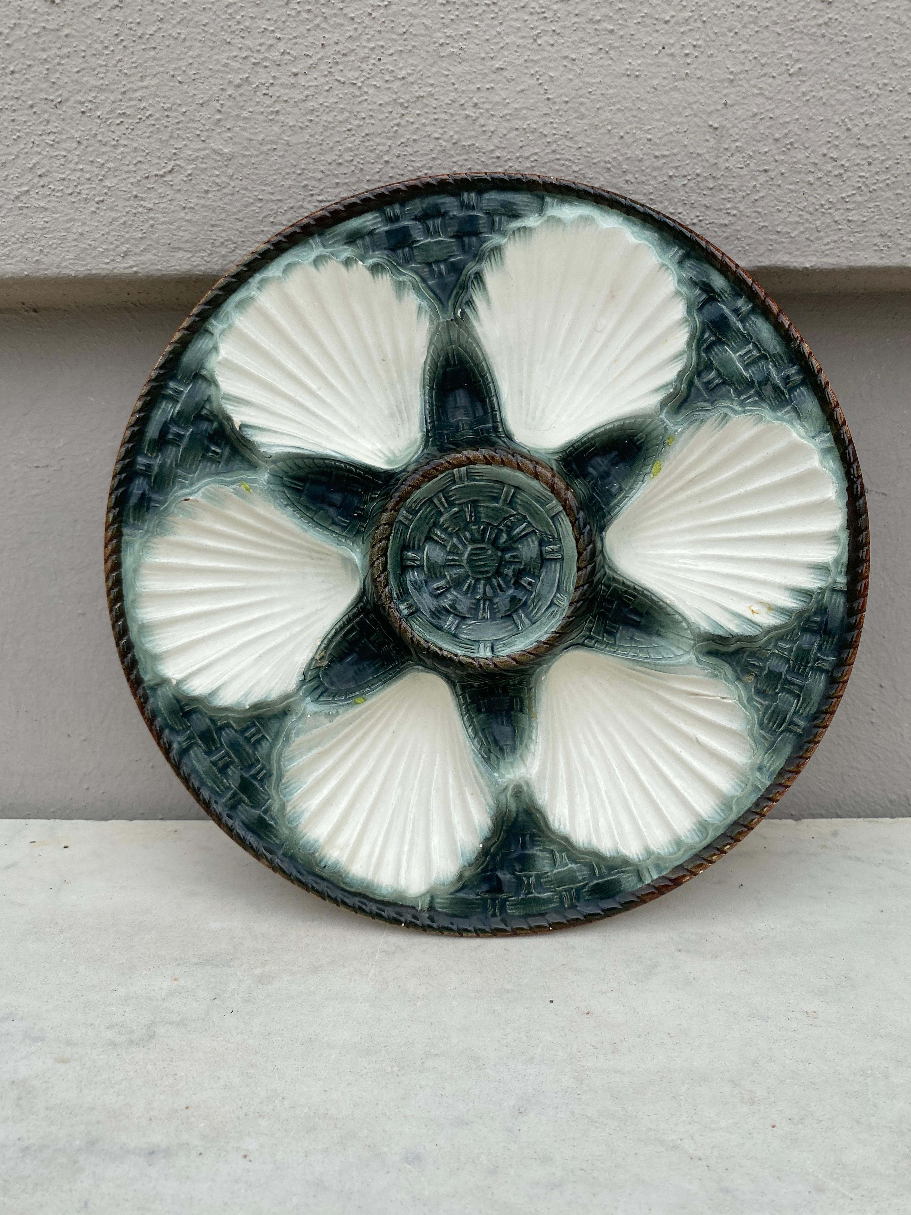 French Aqua Majolica Oyster Plate Gien, circa 1950 For Sale