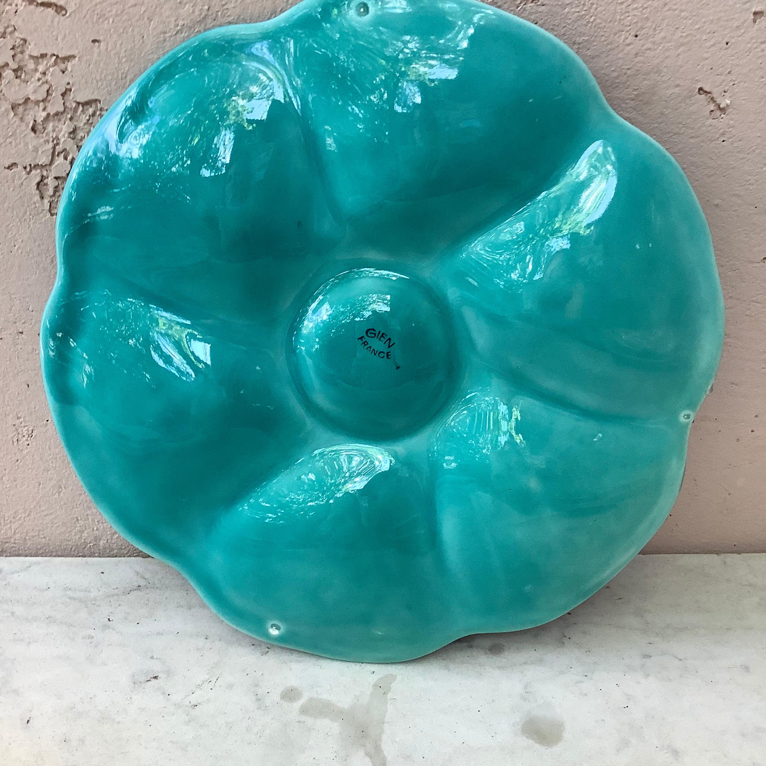 Mid-Century Modern Aqua Majolica Oyster Plate Gien, circa 1950