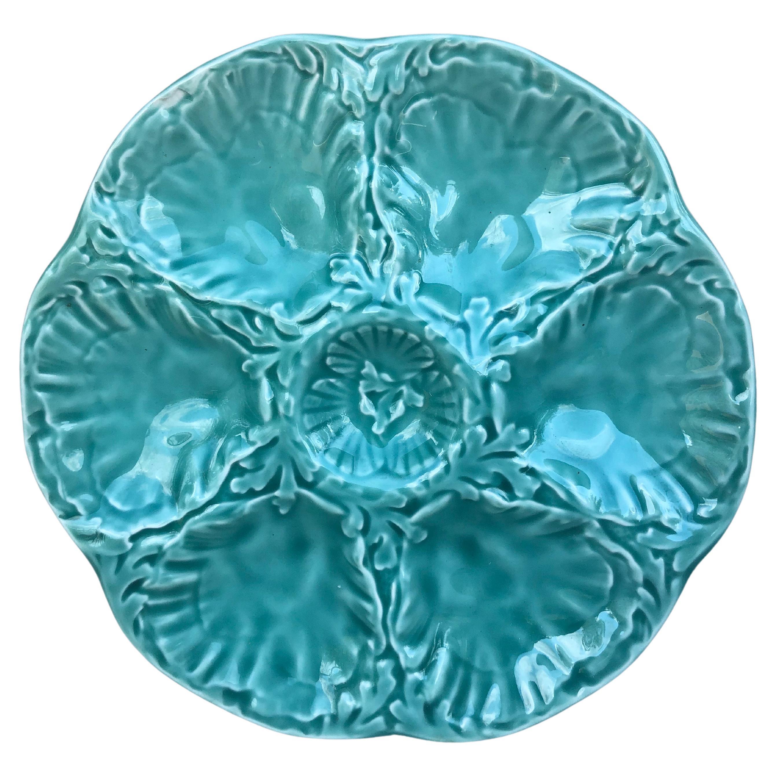 Aqua Majolica Oyster Plate Gien, circa 1950
