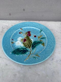 Aqua Majolica Strawberries Plate Sarreguemines, circa 1880