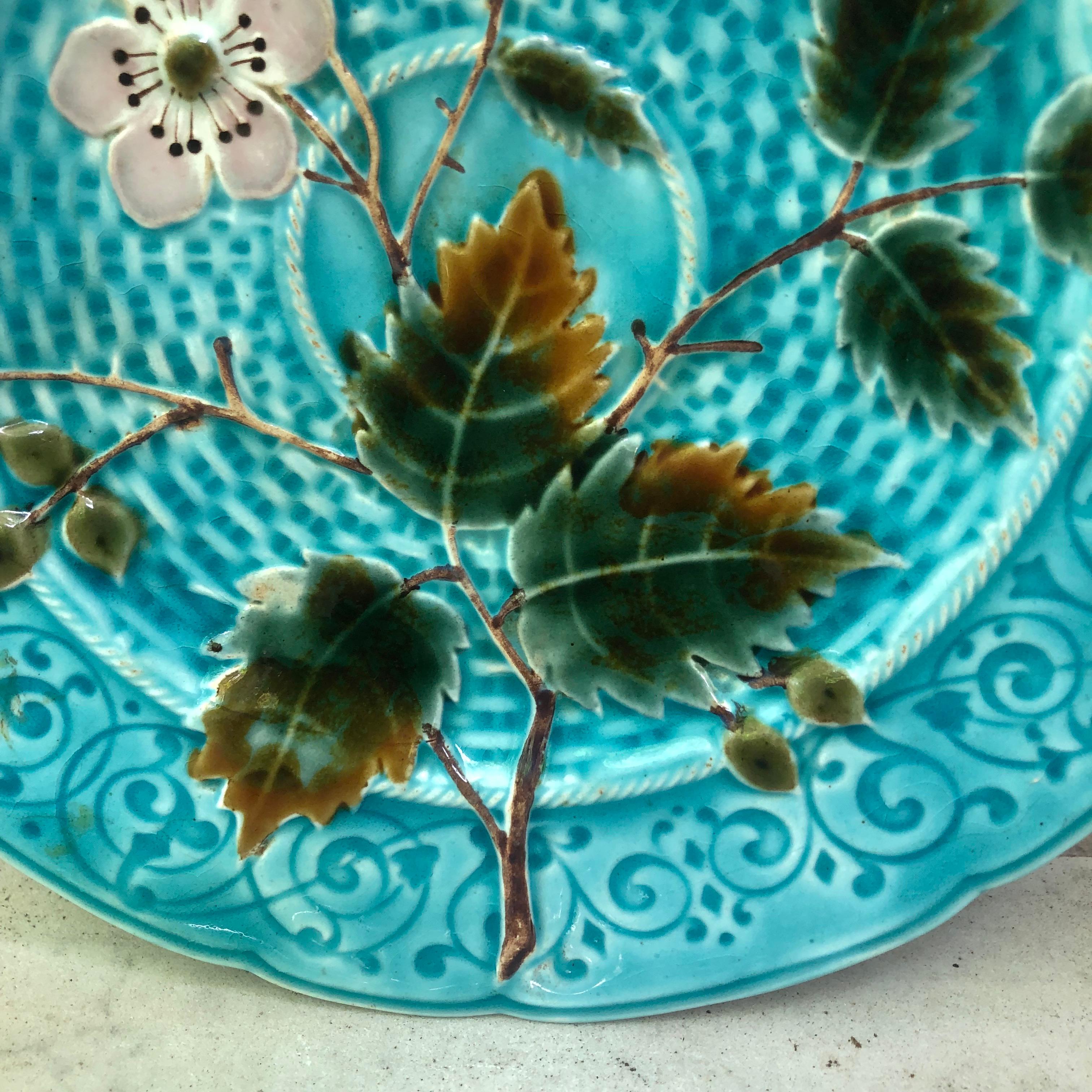 Aqua Majolica wild rose plate signed Schutz Cilli Blansko Circa 1890.