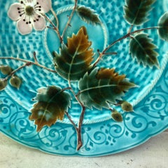 Aqua Majolica Wild Rose Plate Schutz Blansko, Circa 1890