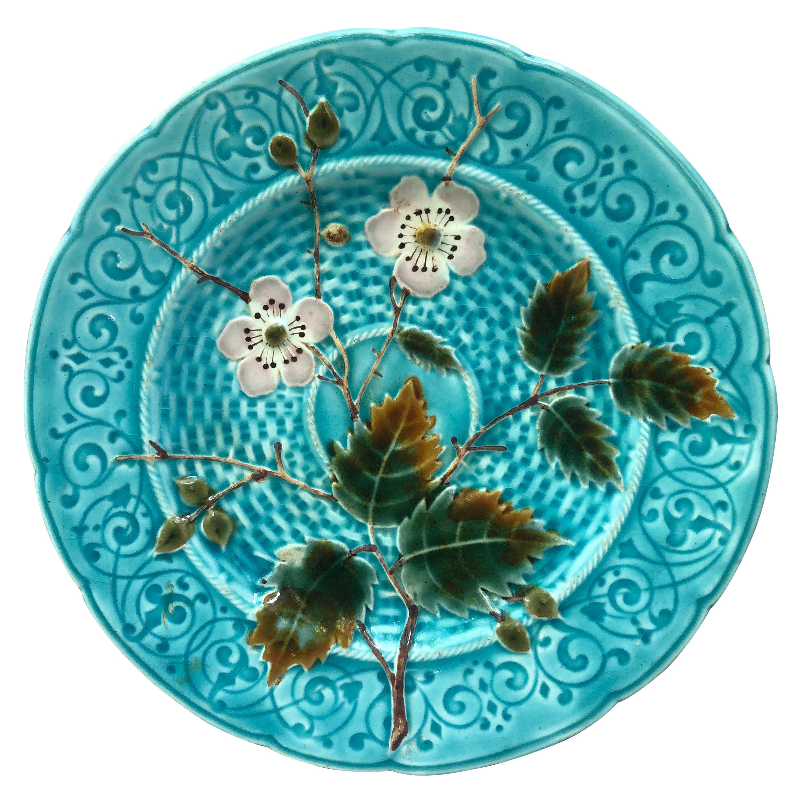 Aqua Majolica Wild Rose Plate Schutz Blansko, Circa 1890