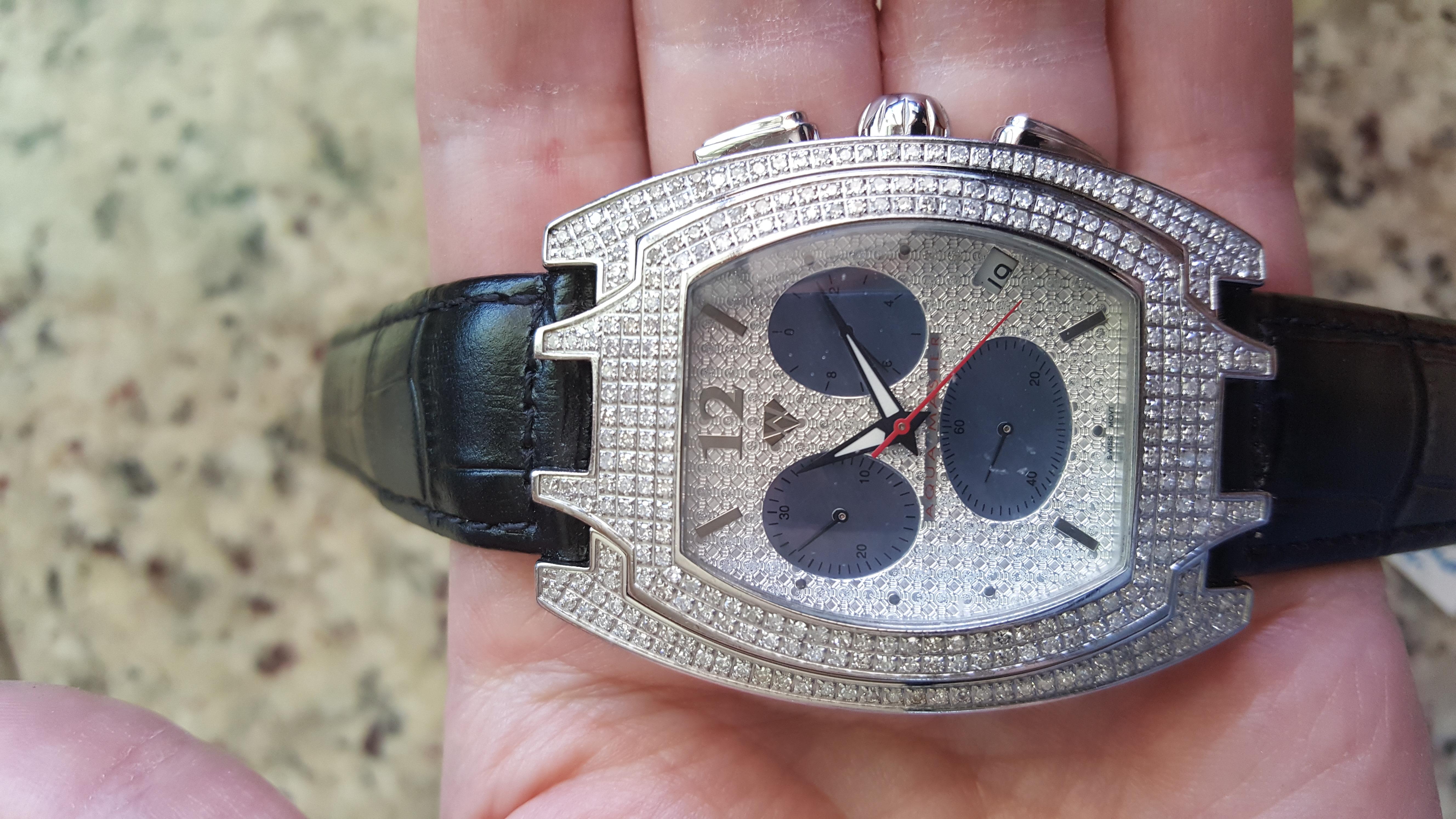 Aqua Master Genuine Diamond Watch Stainless Steel Black Leather Band 6