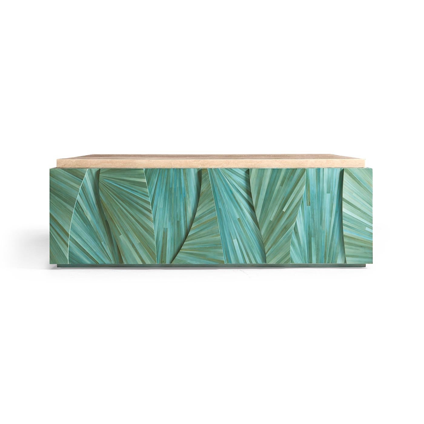 Une pièce maîtresse captivante qui allie sans effort l'art et la fonctionnalité. Ancrée sur une base carrée de 48 pouces, cette table présente une marqueterie de paille complexe qui en fait une véritable œuvre d'art.

Fabriqué à partir de paille