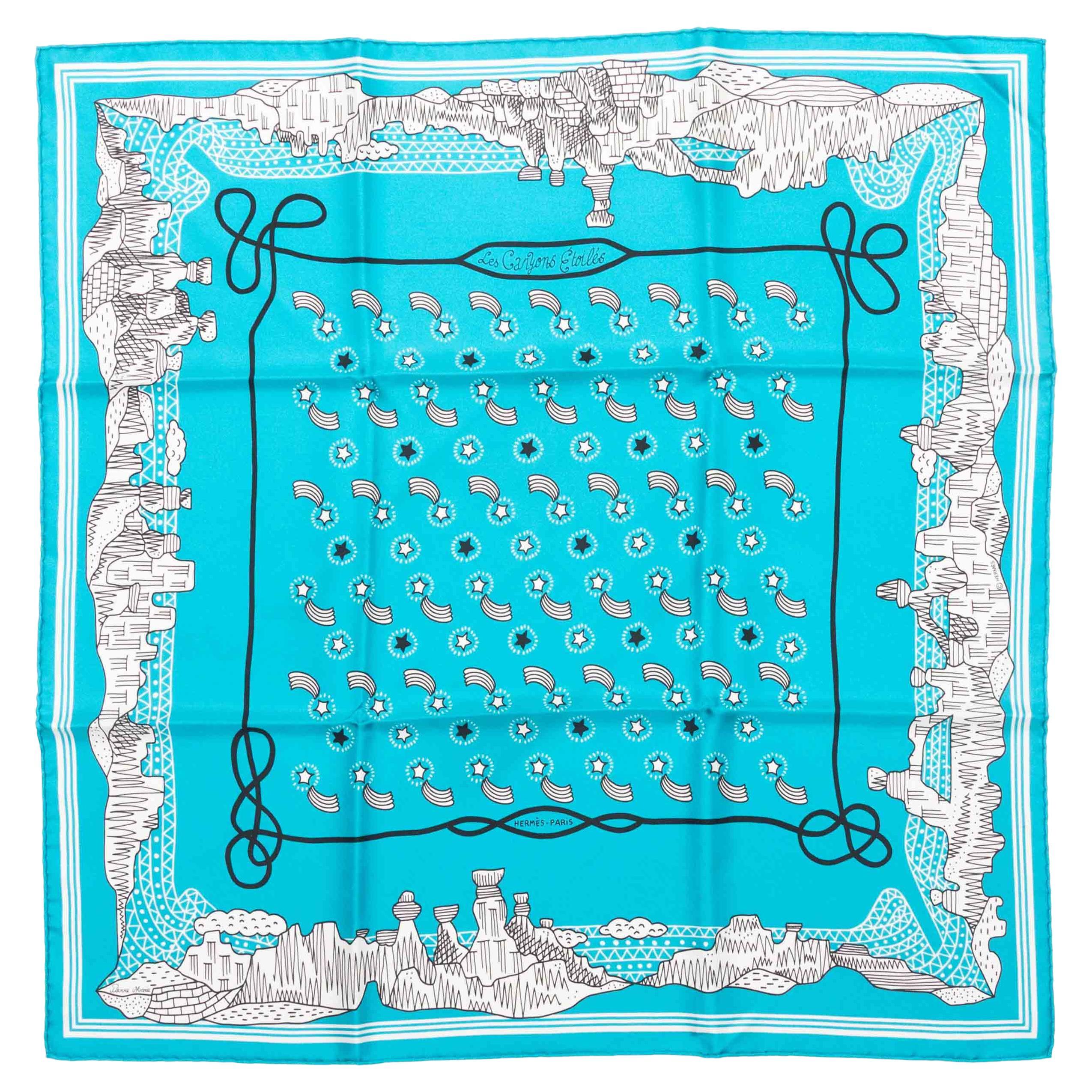 Aqua 
Multicolor Hermes 
Les Canyons Etoiles" Motif Printed Silk Scarf