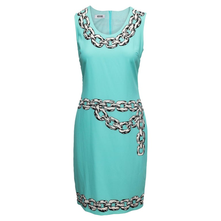 Aqua and Multicolor Moschino Cheap and Chic Sleeveless Chain Print Dress  Size IT 4 For Sale at 1stDibs