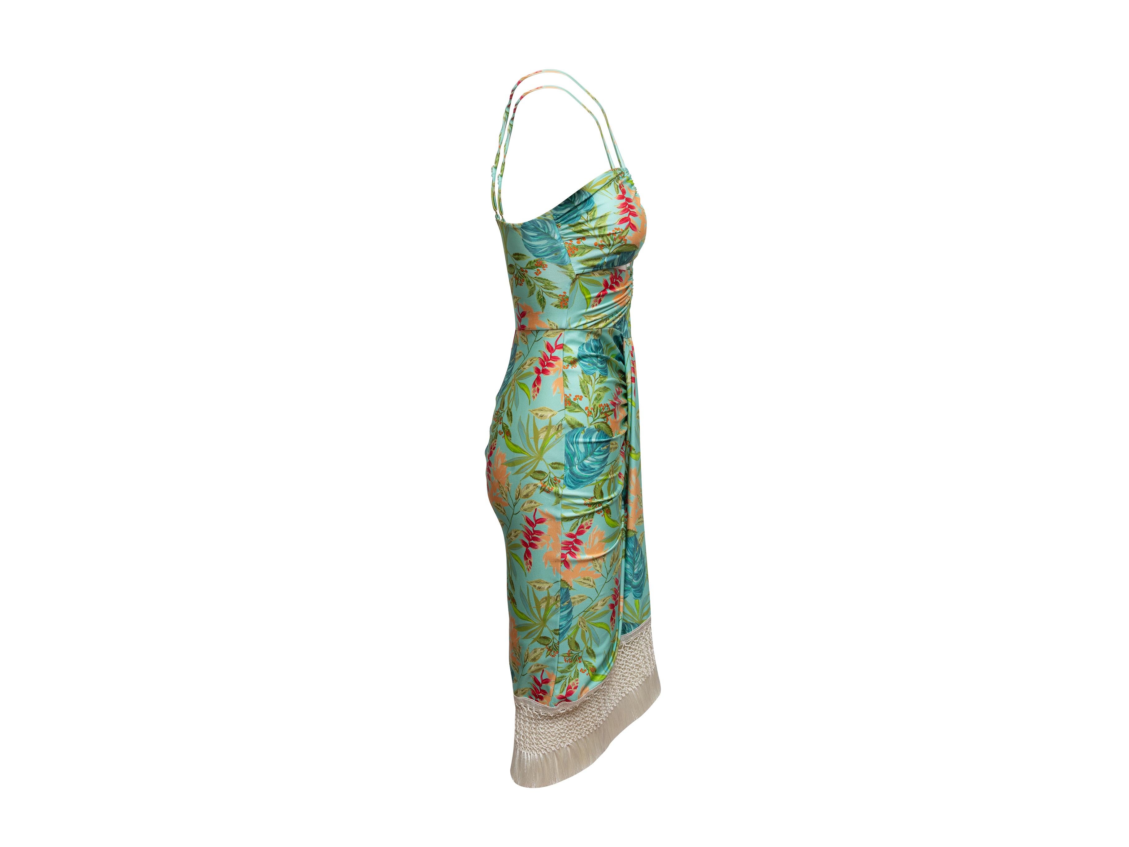 Aqua and multicolor tropical print sleeveless dress by PatBO. Plunging neckline featuring keyhold accent. Fringe trim at hem. Adjustable straps. 30