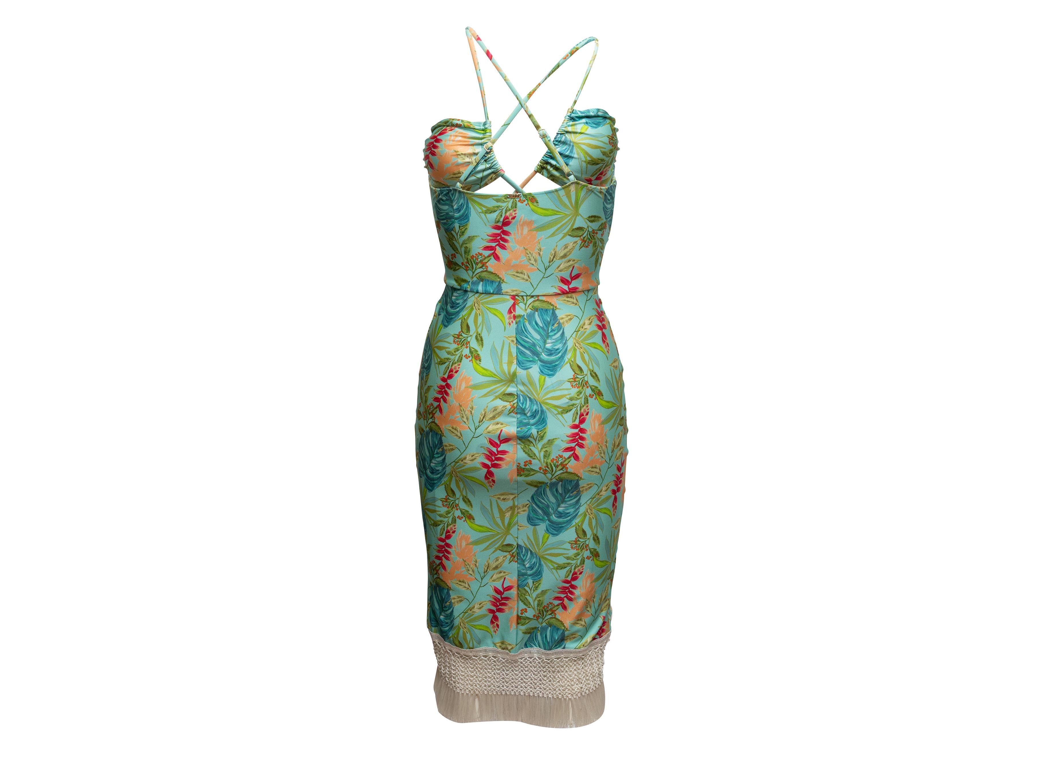 Gray Aqua & Multicolor PatBO Tropical Print Fringe-Trimmed Dress Size US XS For Sale