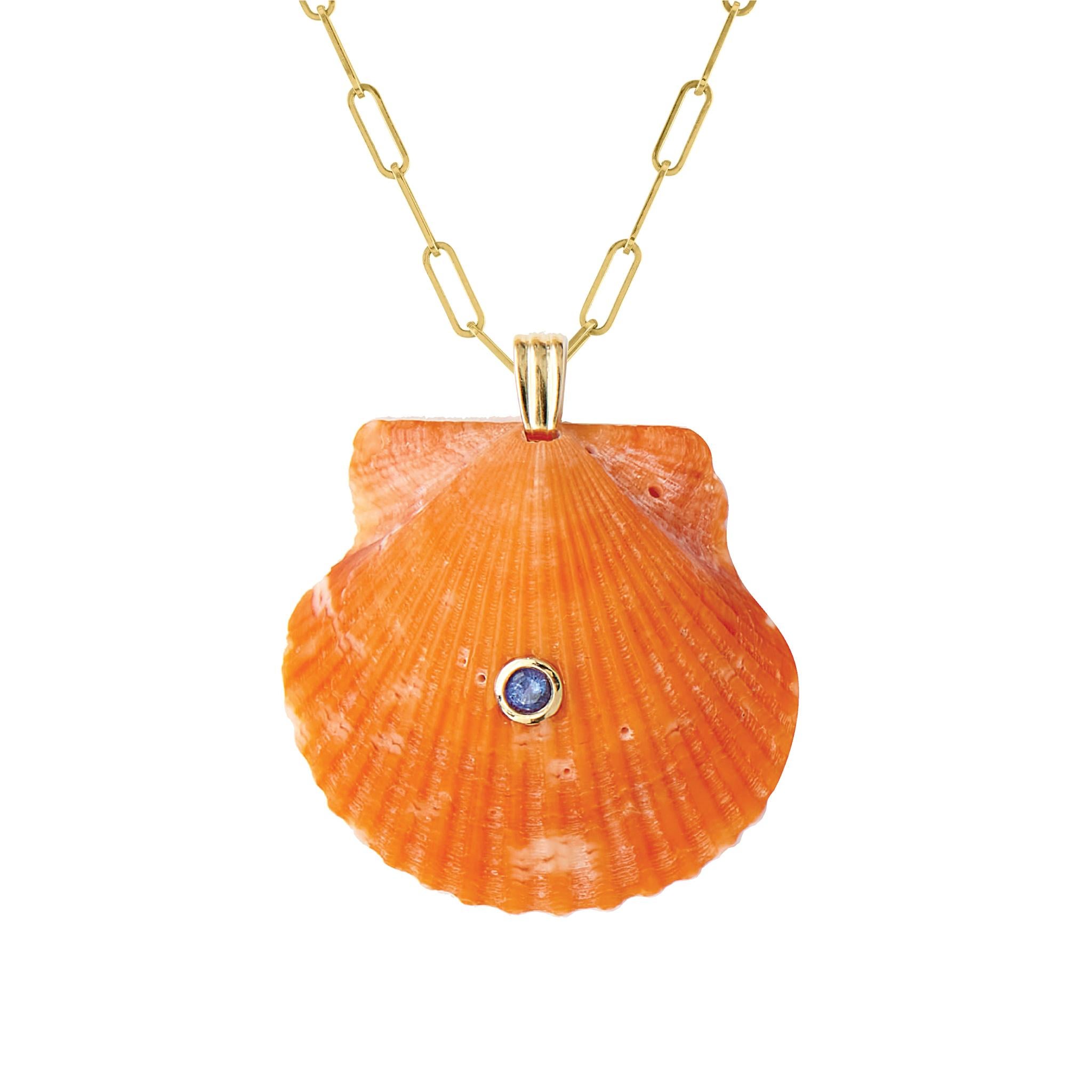 Aqua Natural Shell Pendant with 14k Gold and Blue Sapphire Natural Gemstone In New Condition In Miami, FL