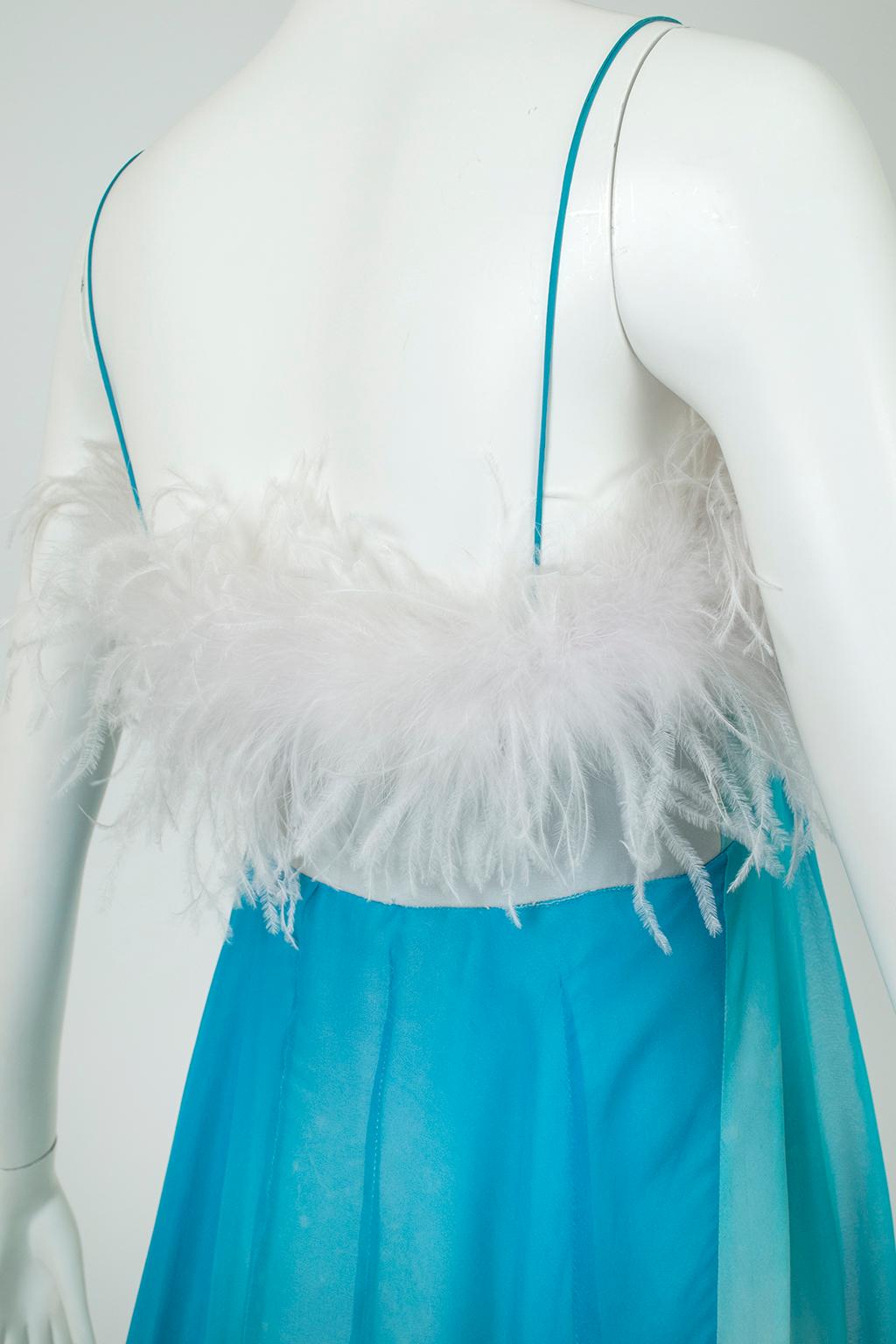 Aqua Ombré Tie Dye Chiffon Ball Gown with Ostrich Feather Trim – XS, 1960s For Sale 2