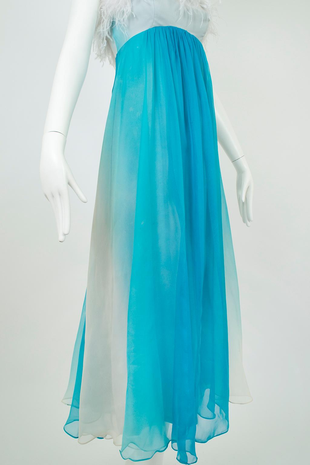 Aqua Ombré Tie Dye Chiffon Ball Gown with Ostrich Feather Trim – XS, 1960s For Sale 3