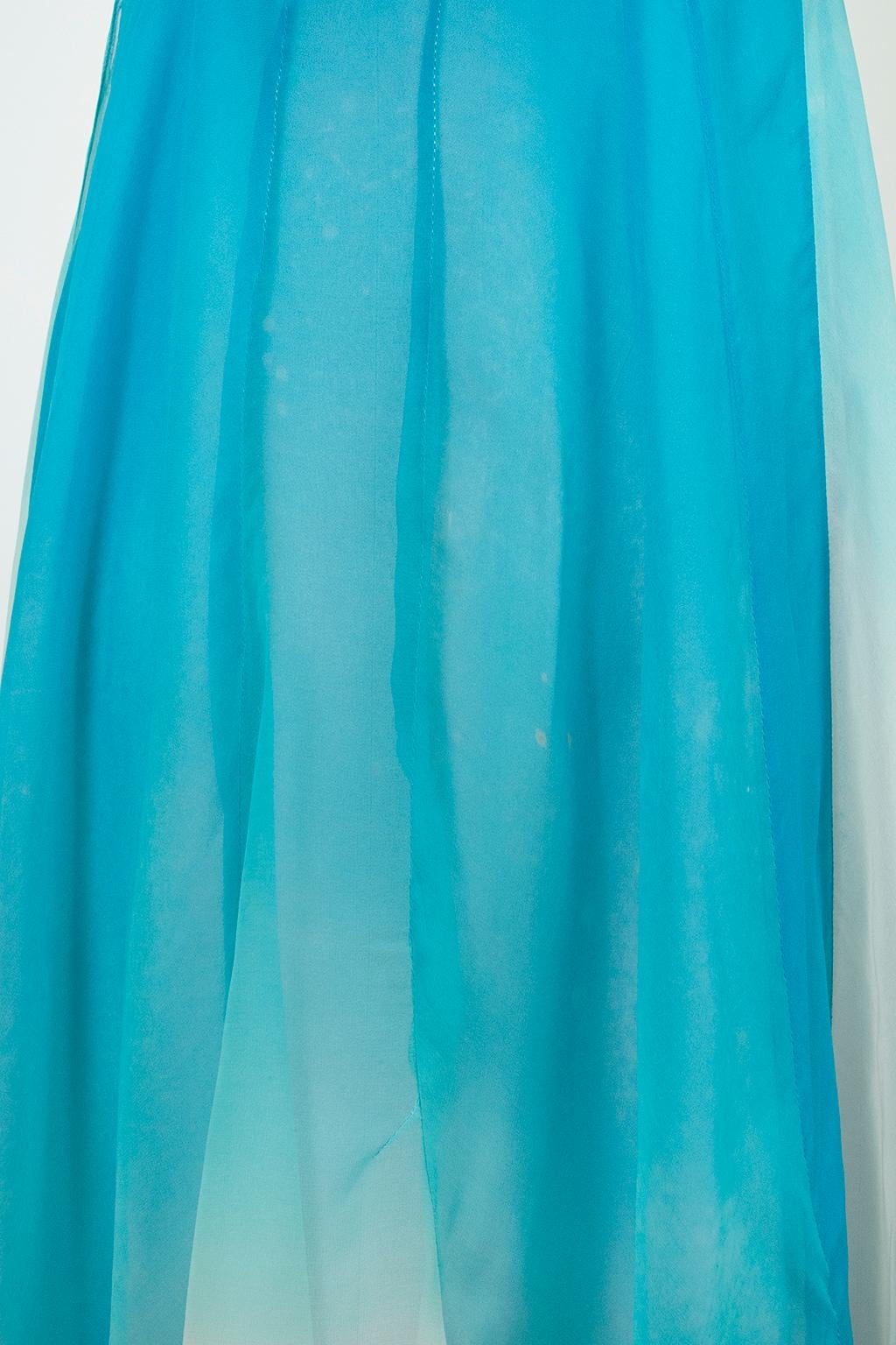 Aqua Ombré Tie Dye Chiffon Ball Gown with Ostrich Feather Trim – XS, 1960s For Sale 9