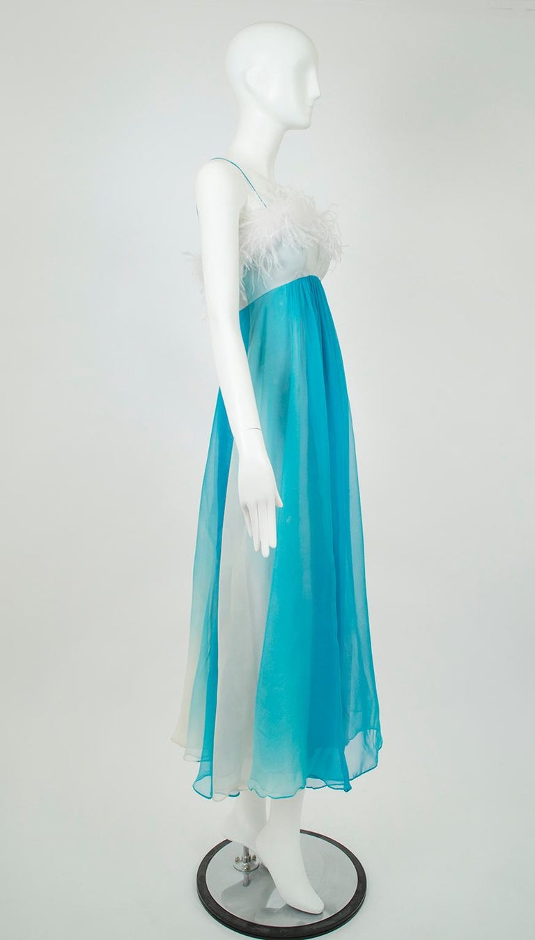 Aqua Ombr Tie Dye Chiffon Ball Gown with Ostrich Feather Trim  XS, 1960s