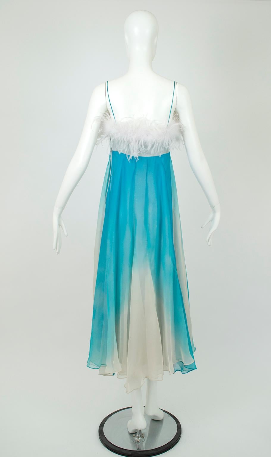 Blue Aqua Ombré Tie Dye Chiffon Ball Gown with Ostrich Feather Trim – XS, 1960s For Sale