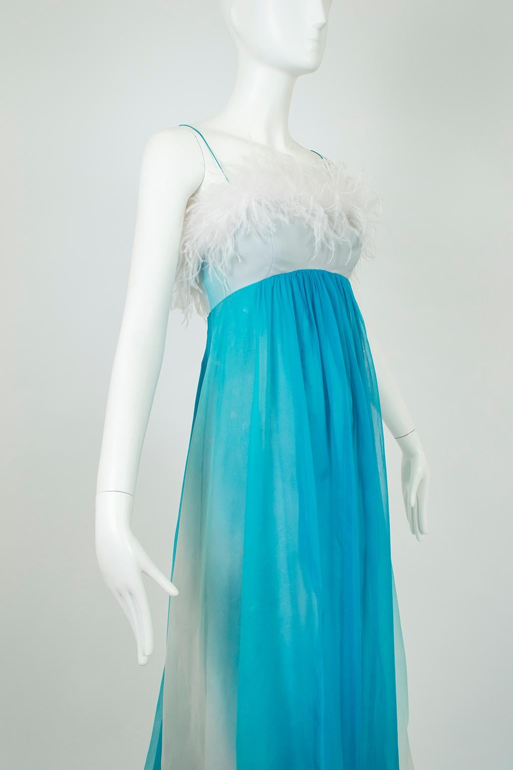 Aqua Ombré Tie Dye Chiffon Ball Gown with Ostrich Feather Trim – XS, 1960s In Good Condition For Sale In Tucson, AZ