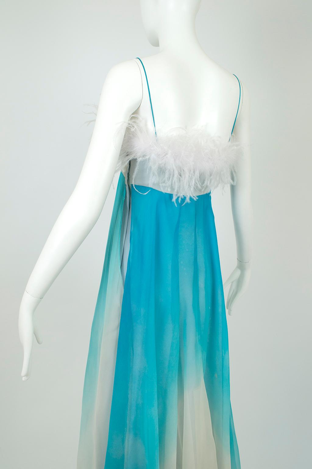 Women's Aqua Ombré Tie Dye Chiffon Ball Gown with Ostrich Feather Trim – XS, 1960s For Sale