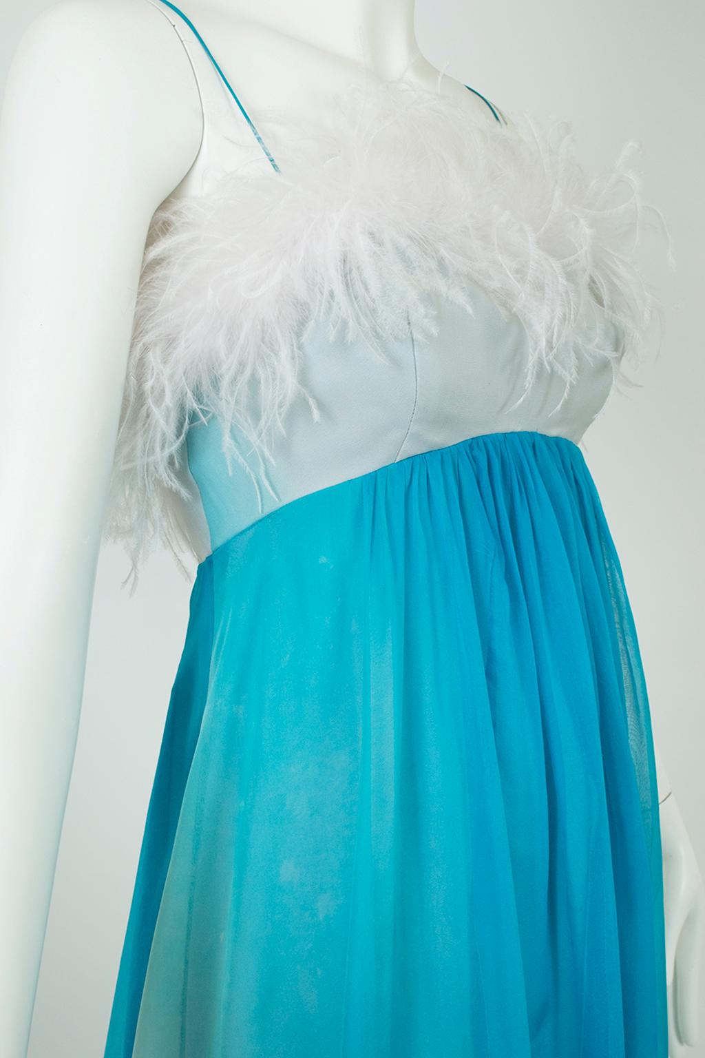 Aqua Ombré Tie Dye Chiffon Ball Gown with Ostrich Feather Trim – XS, 1960s For Sale 1