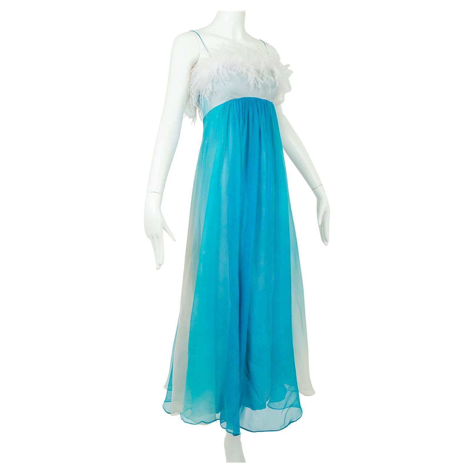 Aqua Ombré Tie Dye Chiffon Ball Gown with Ostrich Feather Trim – XS, 1960s For Sale