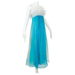 Vintage Aqua Ombré Tie Dye Chiffon Ball Gown with Ostrich Feather Trim – XS, 1960s