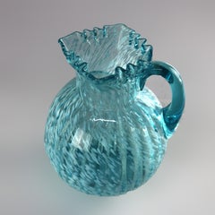 Aqua & Opalescent Splatterware Art Glass Juice Pitcher with Ruffled Rim 20thC